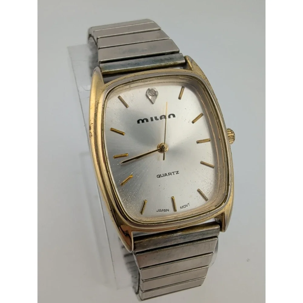 Milan Men's Watch 30mm Gold Case Silver Stretch Band- New Battery